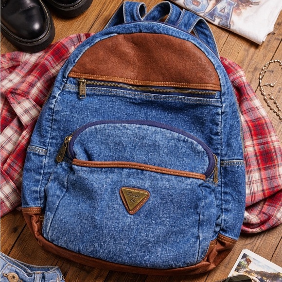 Vintage Route 66 Denim Backpack Faux Leather Trim Y2K 90s School Bag Americana